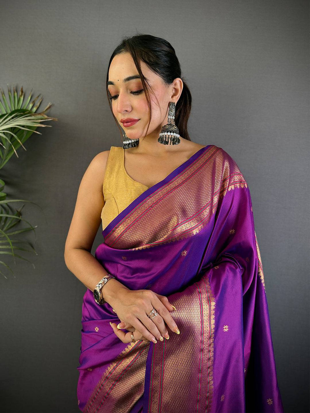 Purple Banarasi Silk Saree with Peacock Zari Weaving & Rich Golden Pallu