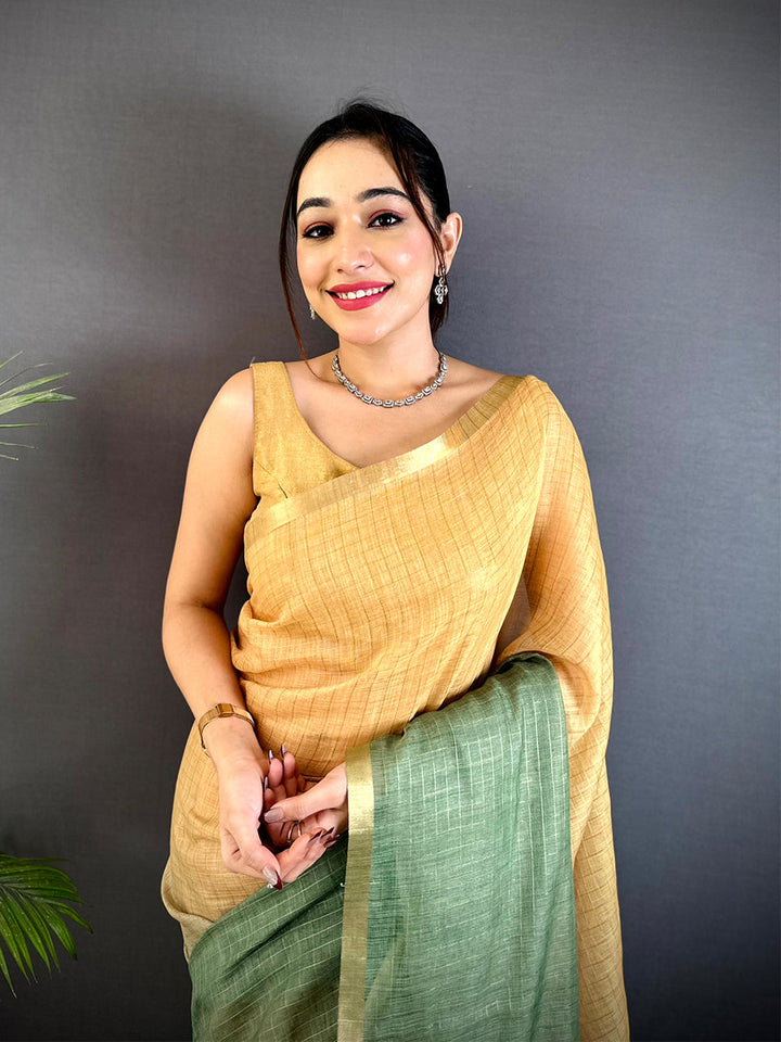 Yellow & Green Linen Silk Saree with Subtle Checks