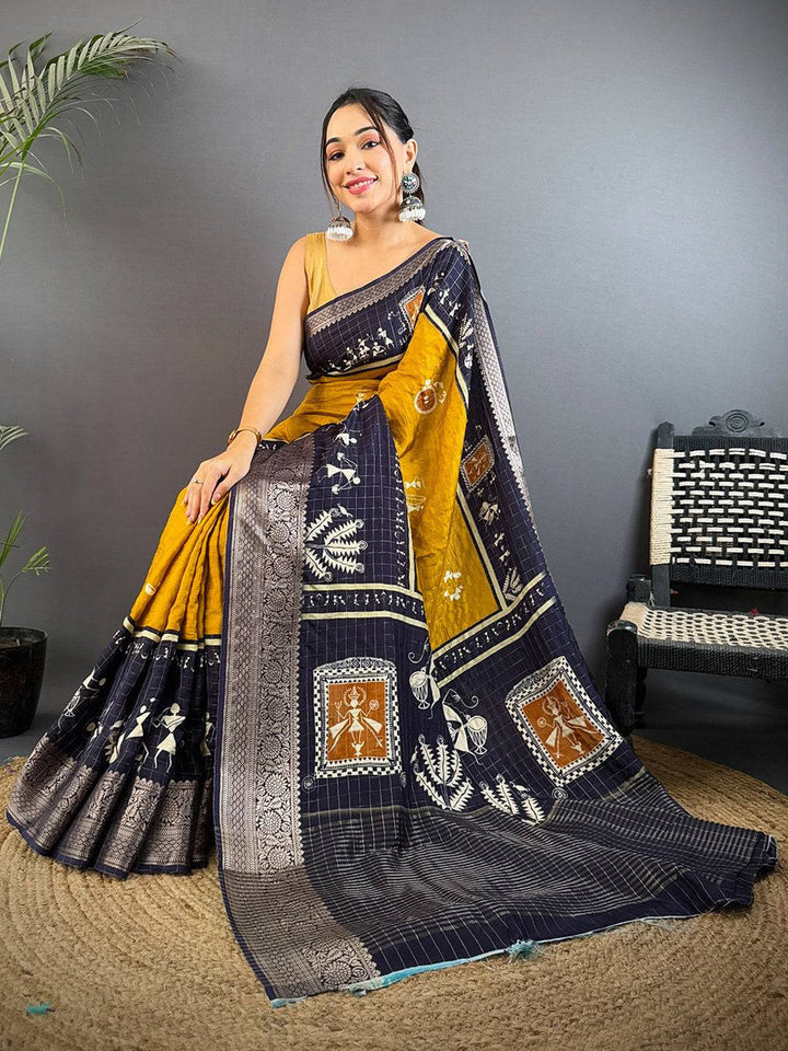 Mustard Yellow & Navy Blue Warli Print Silk Saree with Zari Border