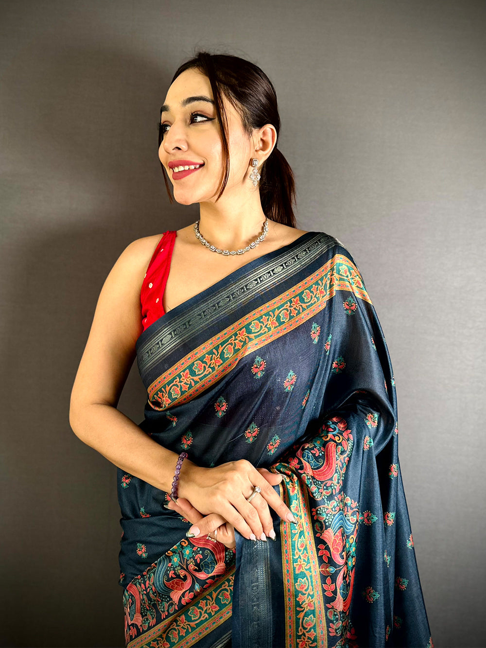 Navy Blue Soft Silk Saree with Traditional Peacock & Elephant Motifs