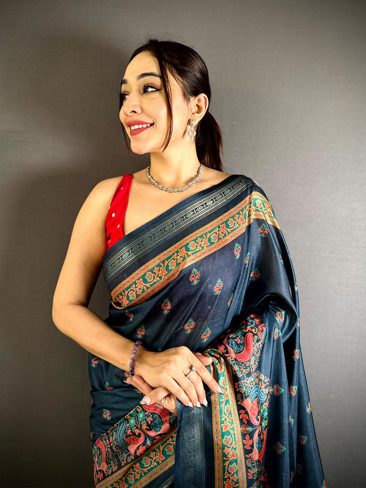 Navy Blue Soft Silk Saree with Traditional Peacock & Elephant Motifs