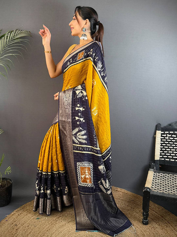 Mustard Yellow & Navy Blue Warli Print Silk Saree with Zari Border