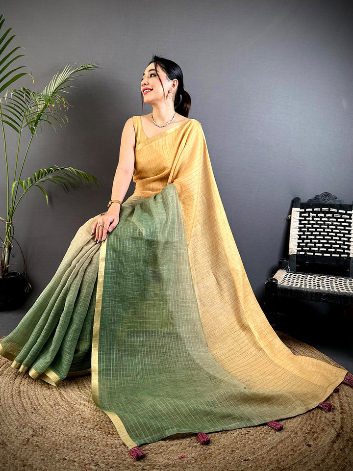 Yellow & Green Linen Silk Saree with Subtle Checks