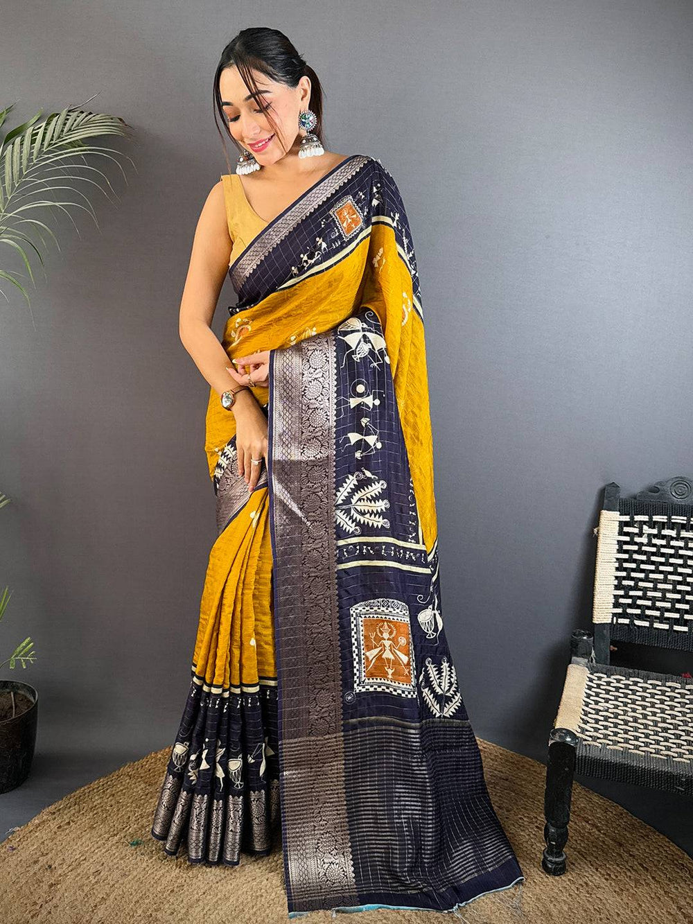 Mustard Yellow & Navy Blue Warli Print Silk Saree with Zari Border
