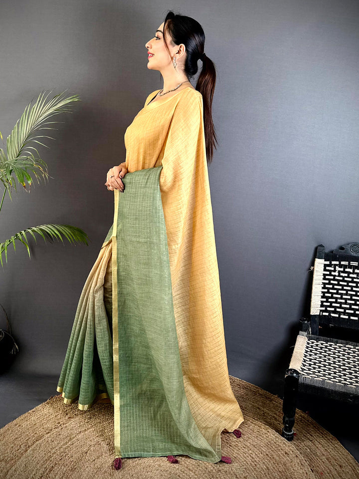 Yellow & Green Linen Silk Saree with Subtle Checks