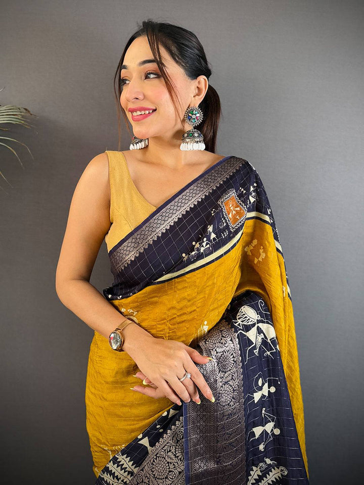 Mustard Yellow & Navy Blue Warli Print Silk Saree with Zari Border