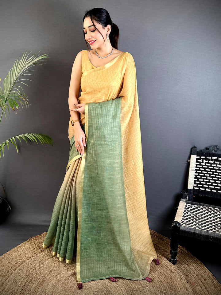 Yellow & Green Linen Silk Saree with Subtle Checks