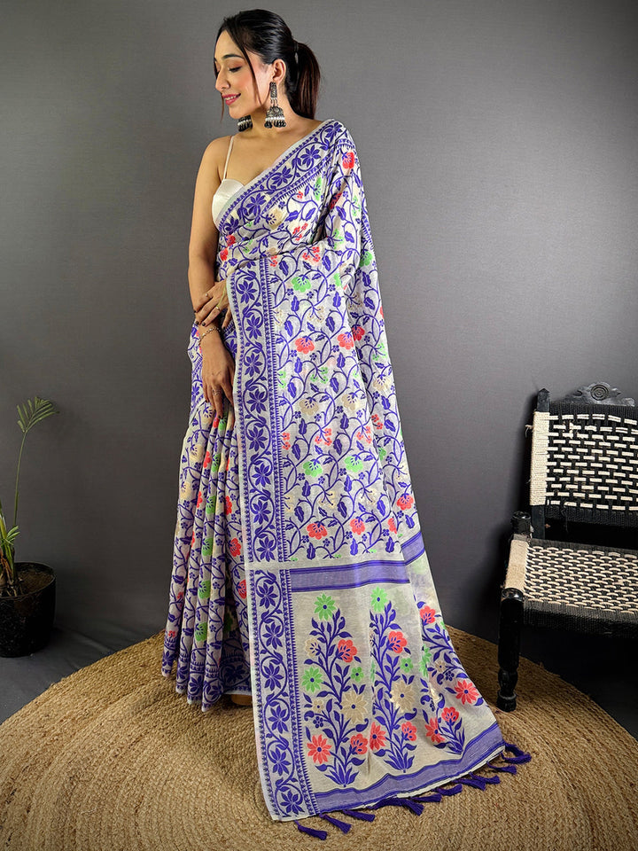 Cream & Purple Soft Cotton Saree with Multicolor Floral Print and Tassel Pallu