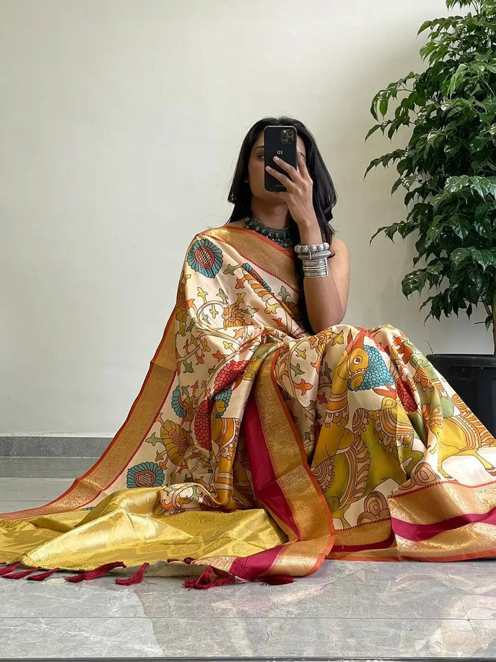 Cream & Multicolor Kalamkari Print Silk Saree with Rich Gold Zari Border & Contrast Pallu