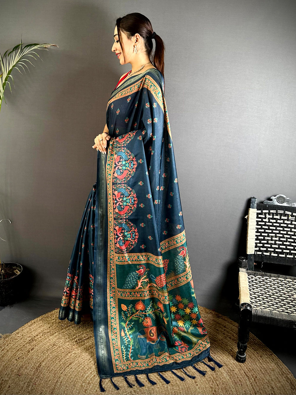 Navy Blue Soft Silk Saree with Traditional Peacock & Elephant Motifs