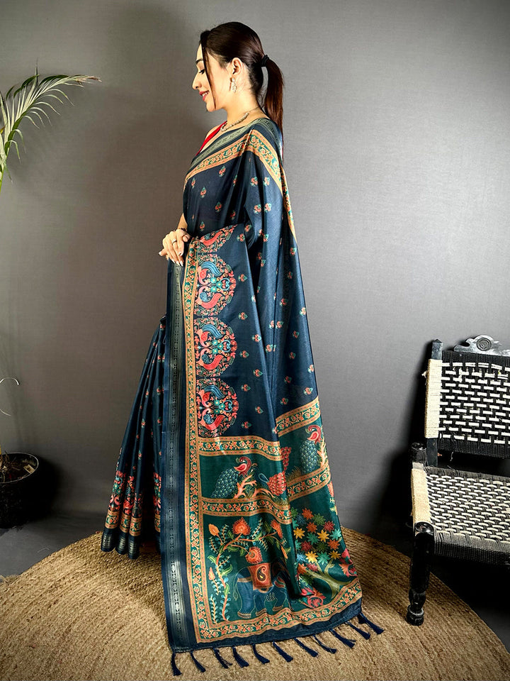 Navy Blue Soft Silk Saree with Traditional Peacock & Elephant Motifs