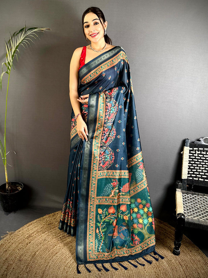 Navy Blue Soft Silk Saree with Traditional Peacock & Elephant Motifs