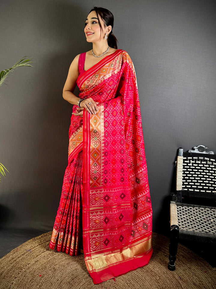 Premium Red Patola Silk Saree with Golden Zari Border