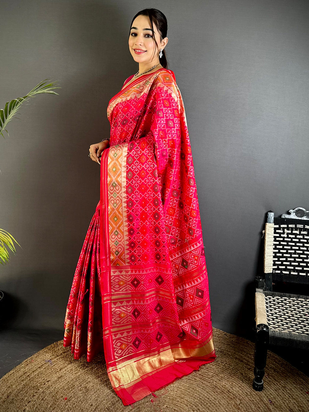 Premium Red Patola Silk Saree with Golden Zari Border
