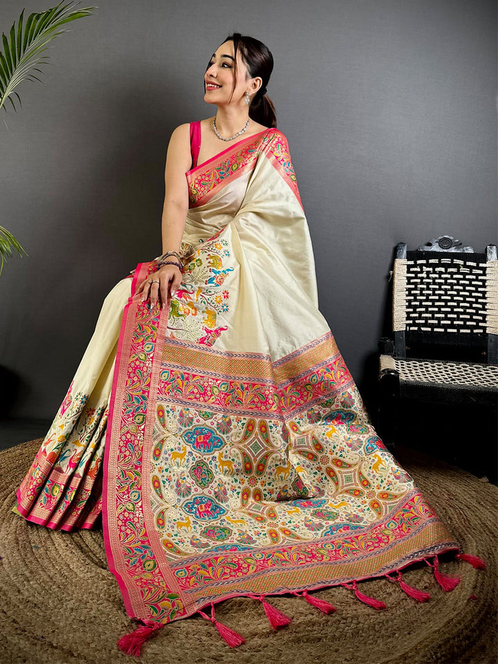 Ivory Ethnic Print Silk Saree with Vibrant Multicolor Pallu & Tassels