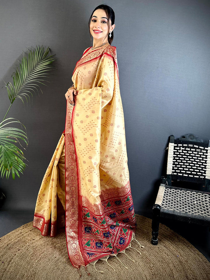 Beige & Red Banarasi Silk Saree with Elephant & Peacock Weaving Pallu