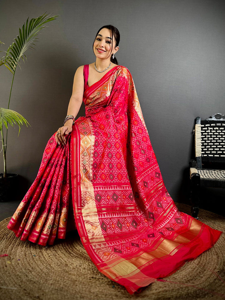 Premium Red Patola Silk Saree with Golden Zari Border