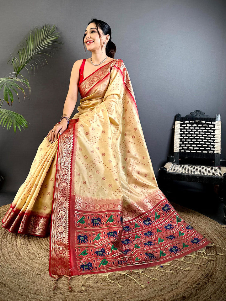 Beige & Red Banarasi Silk Saree with Elephant & Peacock Weaving Pallu