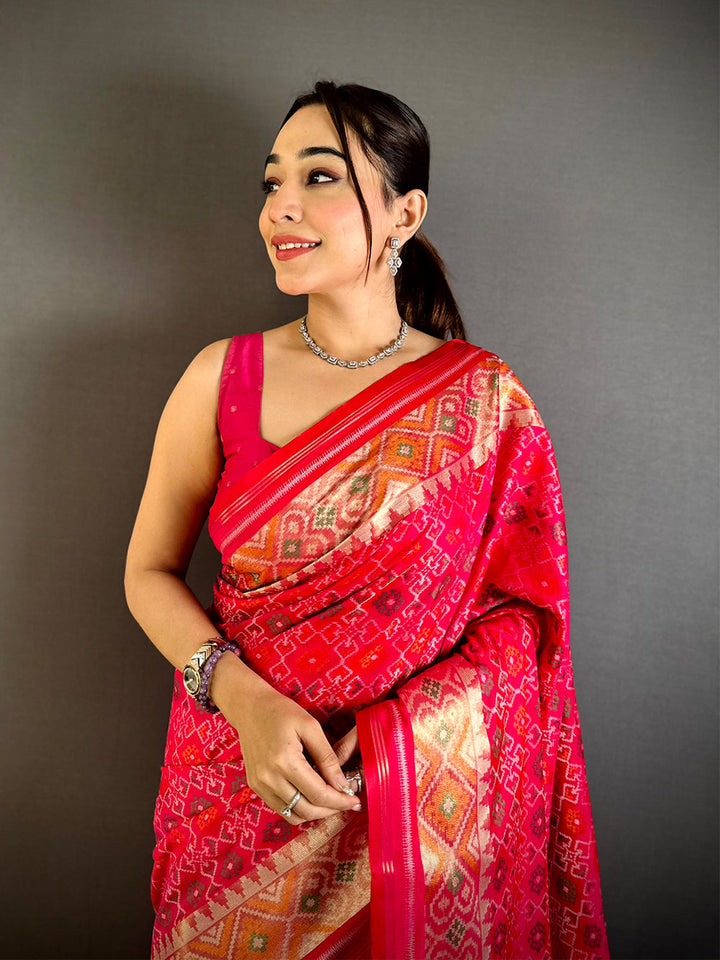 Premium Red Patola Silk Saree with Golden Zari Border