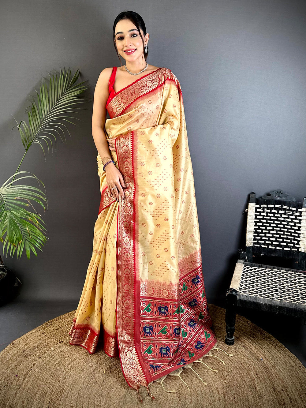 Beige & Red Banarasi Silk Saree with Elephant & Peacock Weaving Pallu