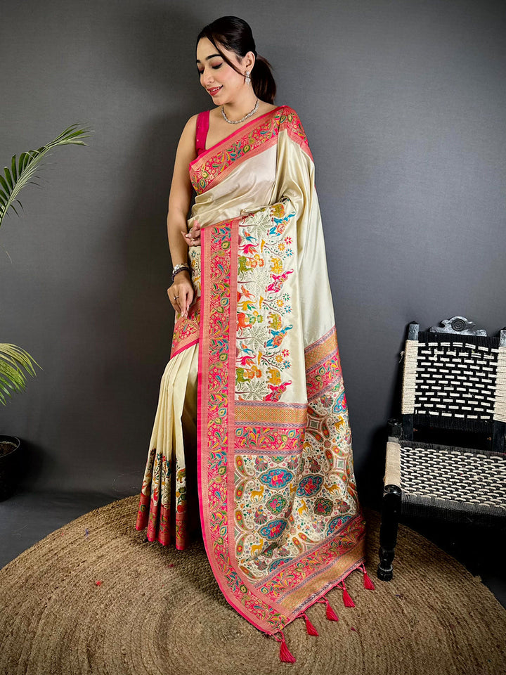 Ivory Ethnic Print Silk Saree with Vibrant Multicolor Pallu & Tassels