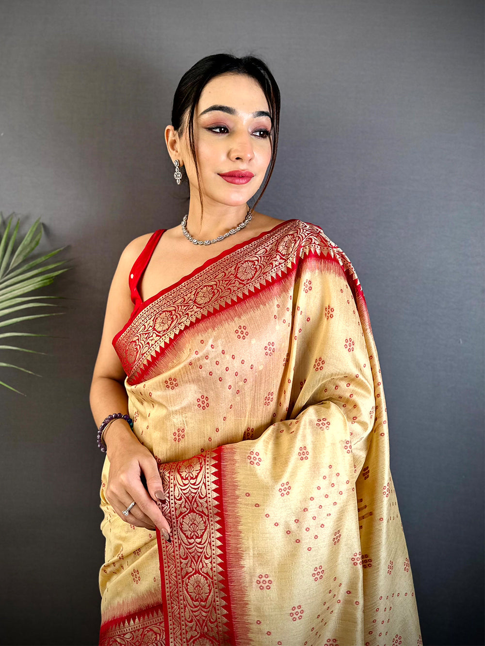Beige & Red Banarasi Silk Saree with Elephant & Peacock Weaving Pallu