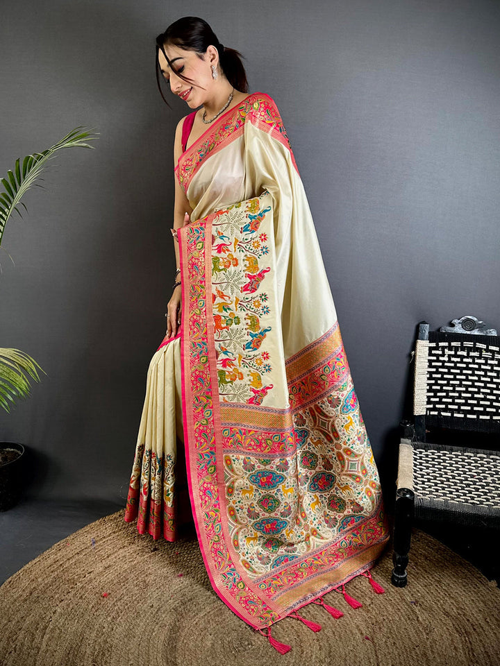 Ivory Ethnic Print Silk Saree with Vibrant Multicolor Pallu & Tassels