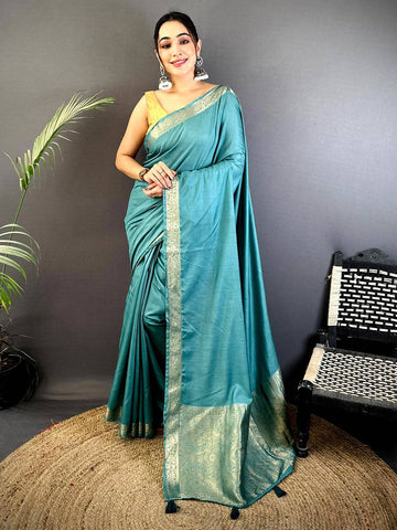 Teal Green Banarasi Silk Saree with Silver Zari Border & Rich Woven Pallu