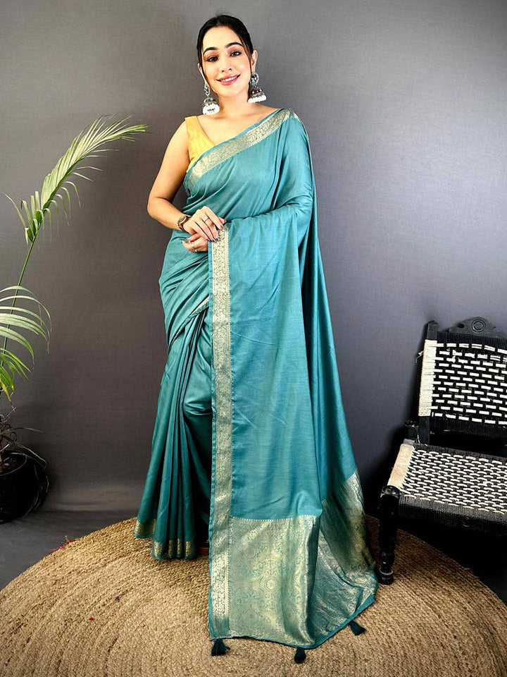 Teal Green Banarasi Silk Saree with Silver Zari Border & Rich Woven Pallu
