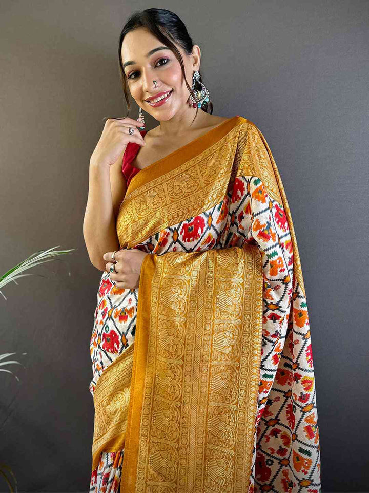 Golden Border Cream & Multicolor Ikat Silk Saree