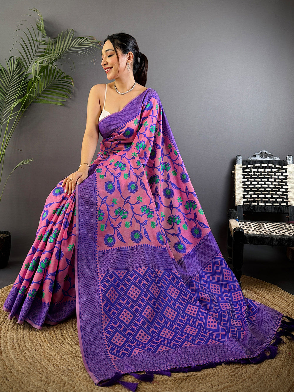 Pink & Purple Soft Cotton Saree with Floral Vine Print and Geometric Pallu