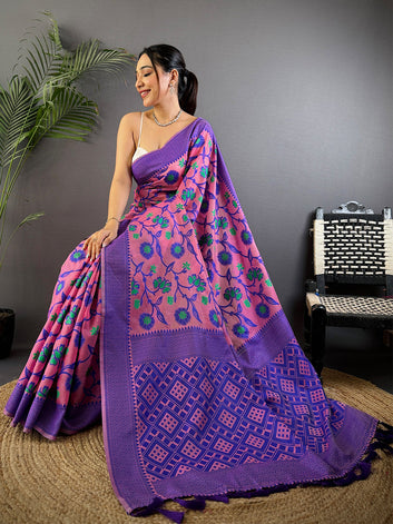 Pink & Purple Soft Cotton Saree with Floral Vine Print and Geometric Pallu