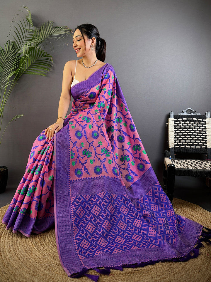 Pink & Purple Soft Cotton Saree with Floral Vine Print and Geometric Pallu