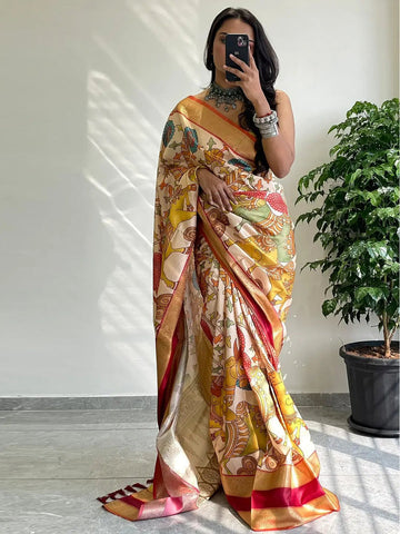 Cream & Multicolor Kalamkari Print Silk Saree with Rich Gold Zari Border & Contrast Pallu