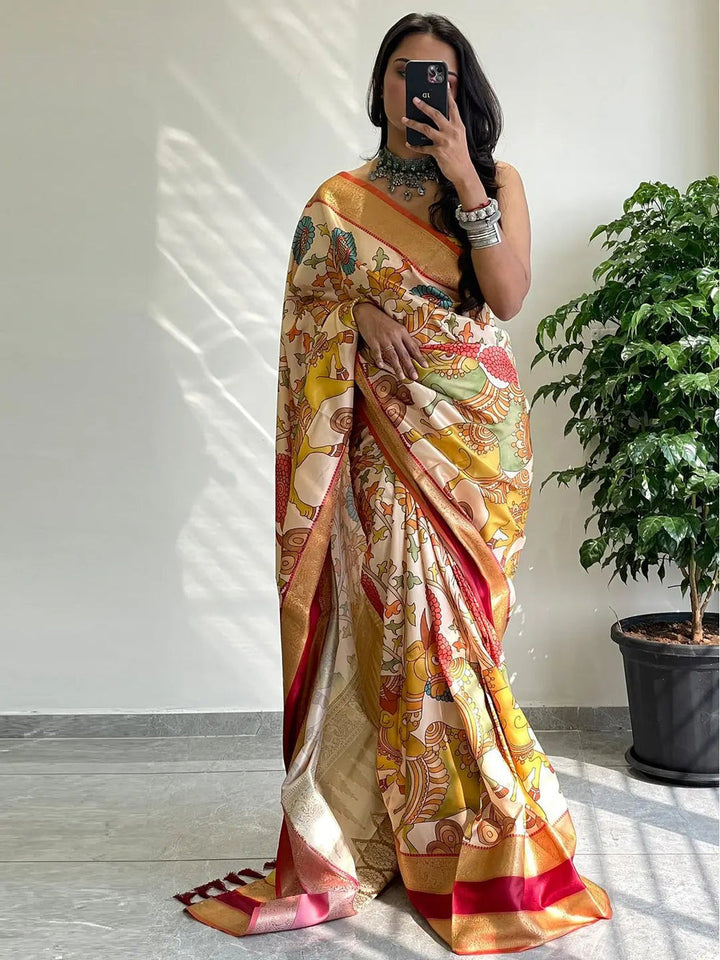 Cream & Multicolor Kalamkari Print Silk Saree with Rich Gold Zari Border & Contrast Pallu