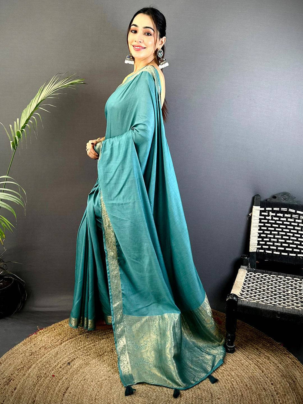 Teal Green Banarasi Silk Saree with Silver Zari Border & Rich Woven Pallu
