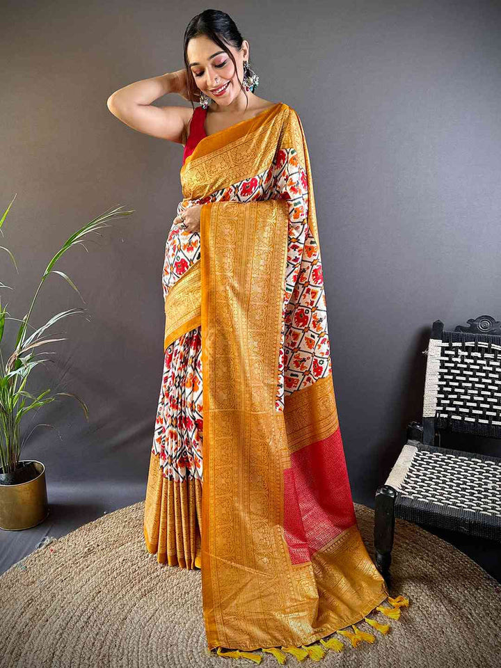 Golden Border Cream & Multicolor Ikat Silk Saree