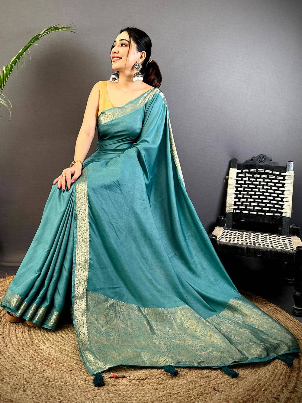 Teal Green Banarasi Silk Saree with Silver Zari Border & Rich Woven Pallu
