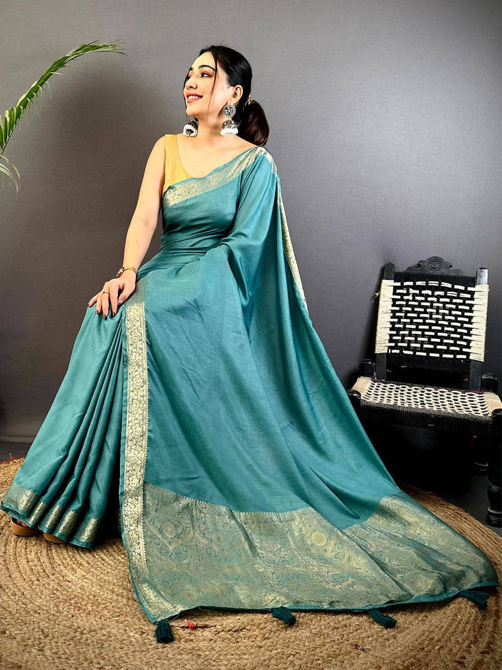 Teal Green Banarasi Silk Saree with Silver Zari Border & Rich Woven Pallu