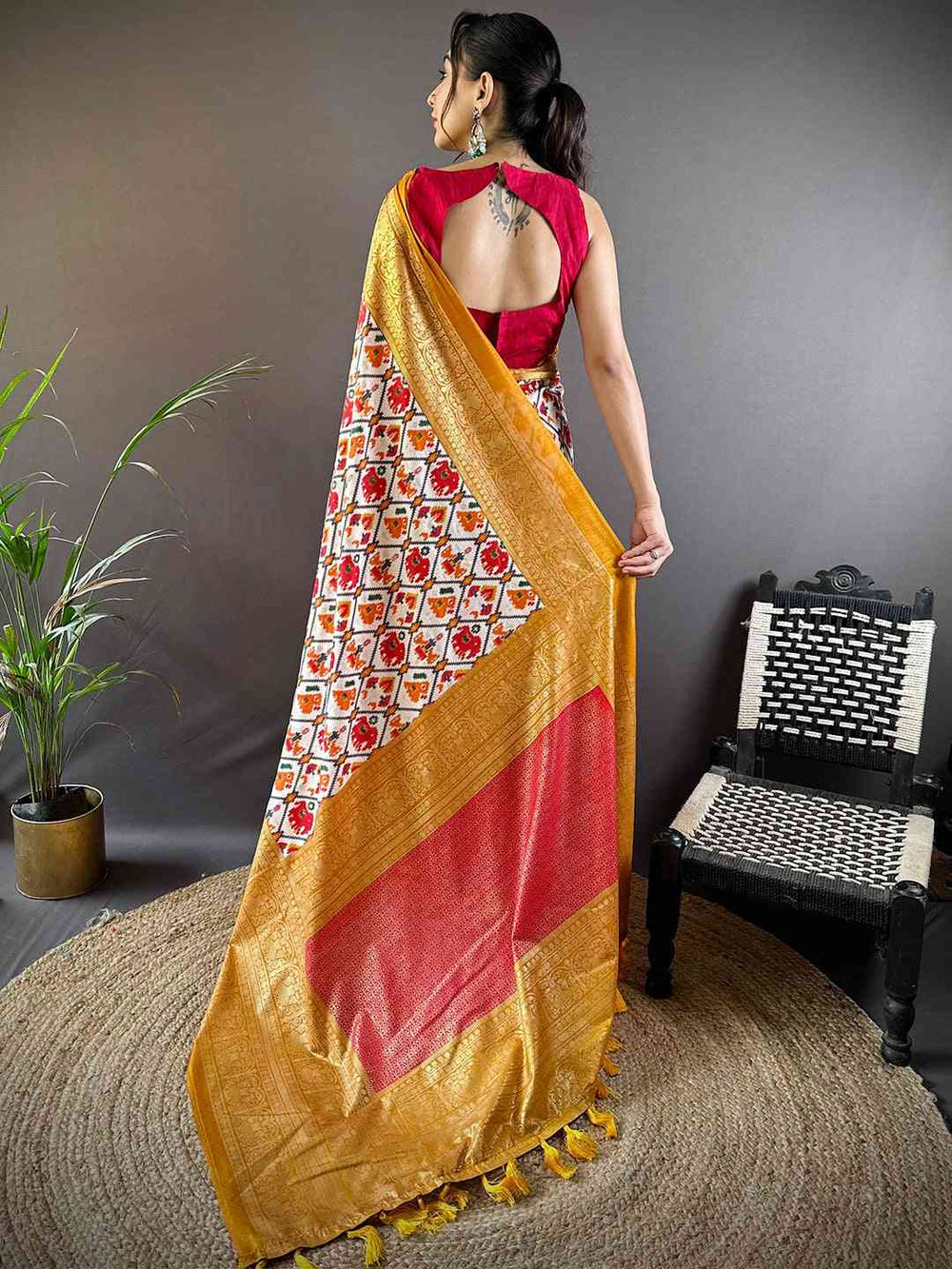 Golden Border Cream & Multicolor Ikat Silk Saree