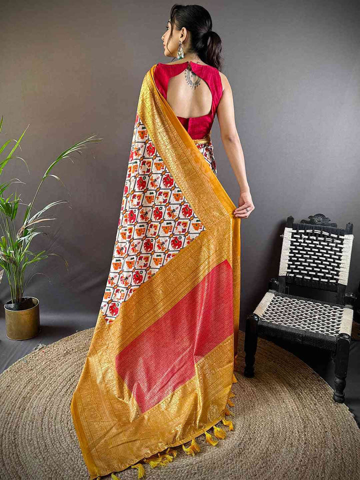 Golden Border Cream & Multicolor Ikat Silk Saree