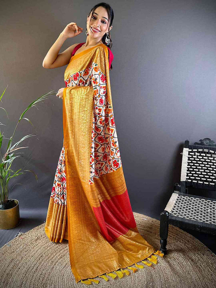 Golden Border Cream & Multicolor Ikat Silk Saree