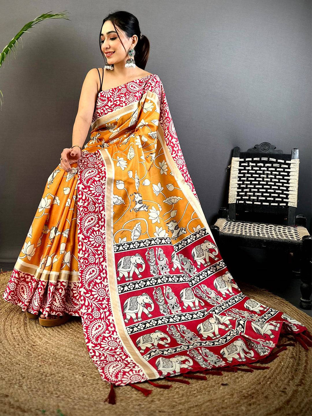 Mustard Yellow & Red Silk Saree with Lotus Print and Elephant Designer Pallu