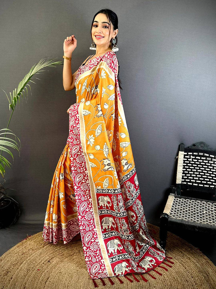 Mustard Yellow & Red Silk Saree with Lotus Print and Elephant Designer Pallu