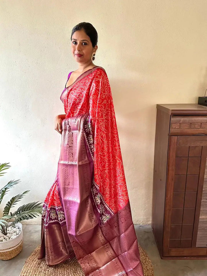 Red Bandhani Silk Saree with Contrast Purple Zari Pallu & Traditional Weaving