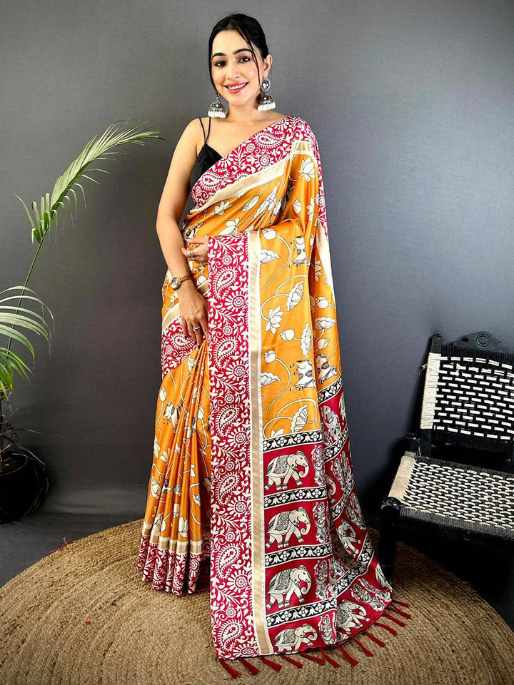 Mustard Yellow & Red Silk Saree with Lotus Print and Elephant Designer Pallu
