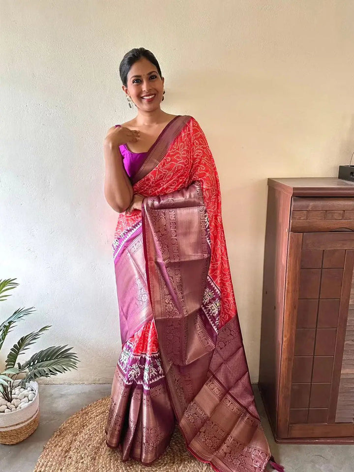 Red Bandhani Silk Saree with Contrast Purple Zari Pallu & Traditional Weaving