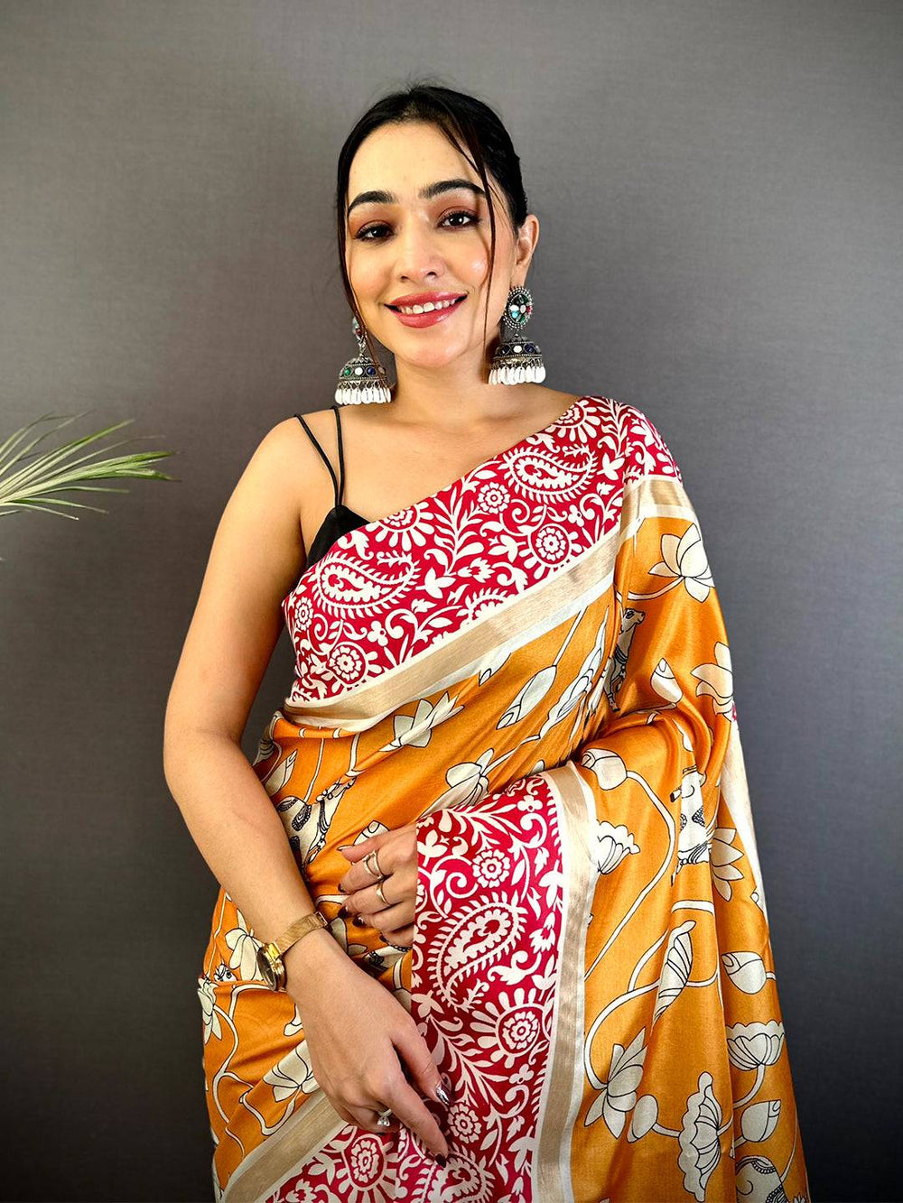Mustard Yellow & Red Silk Saree with Lotus Print and Elephant Designer Pallu
