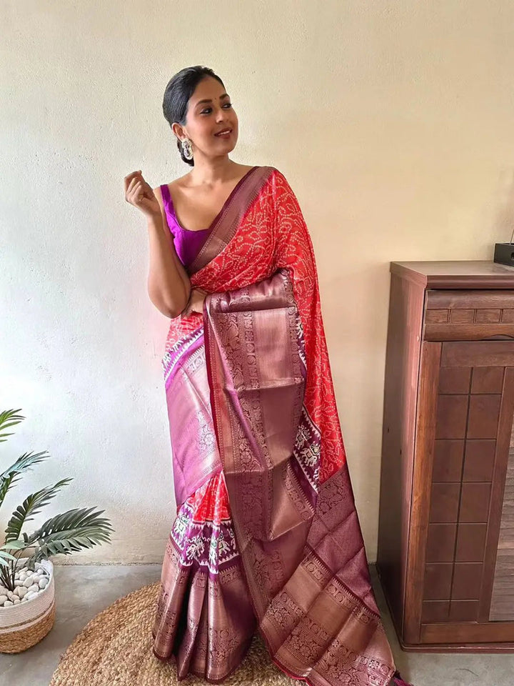 Red Bandhani Silk Saree with Contrast Purple Zari Pallu & Traditional Weaving