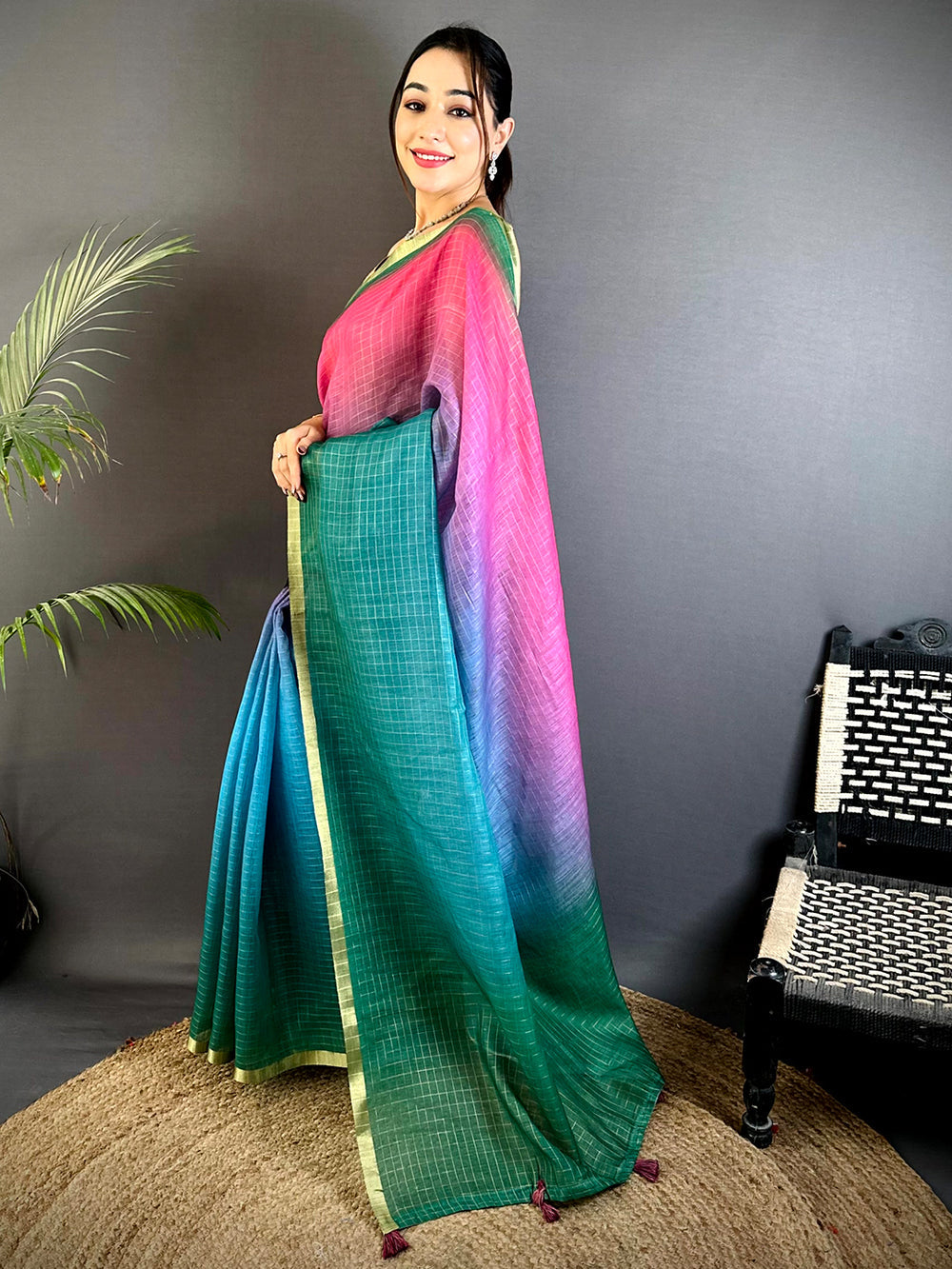 Multicolor Ombre Linen Silk Saree with Golden Border